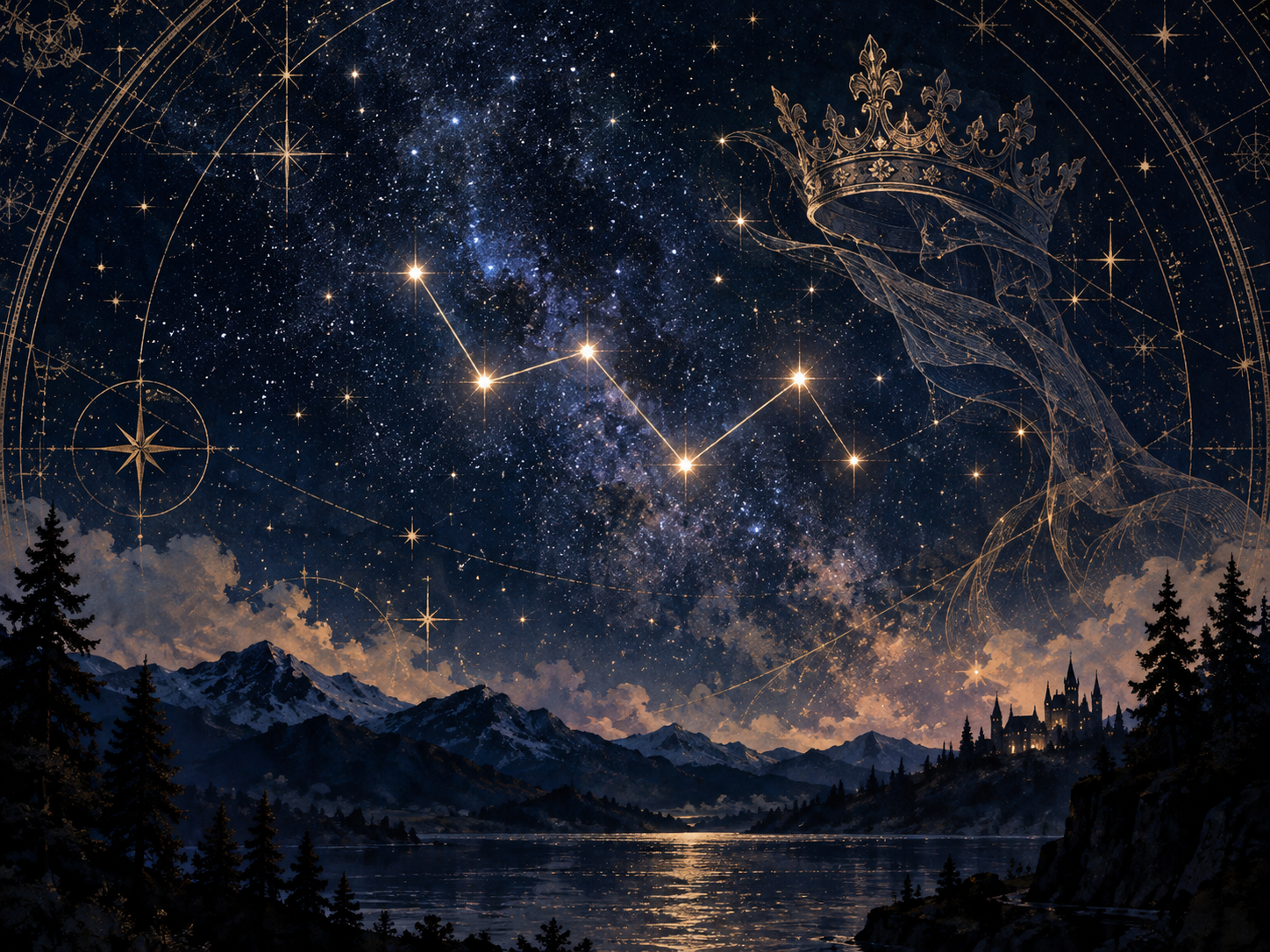 カシオペアの星座と王妃を描いた幻想的な夜空
