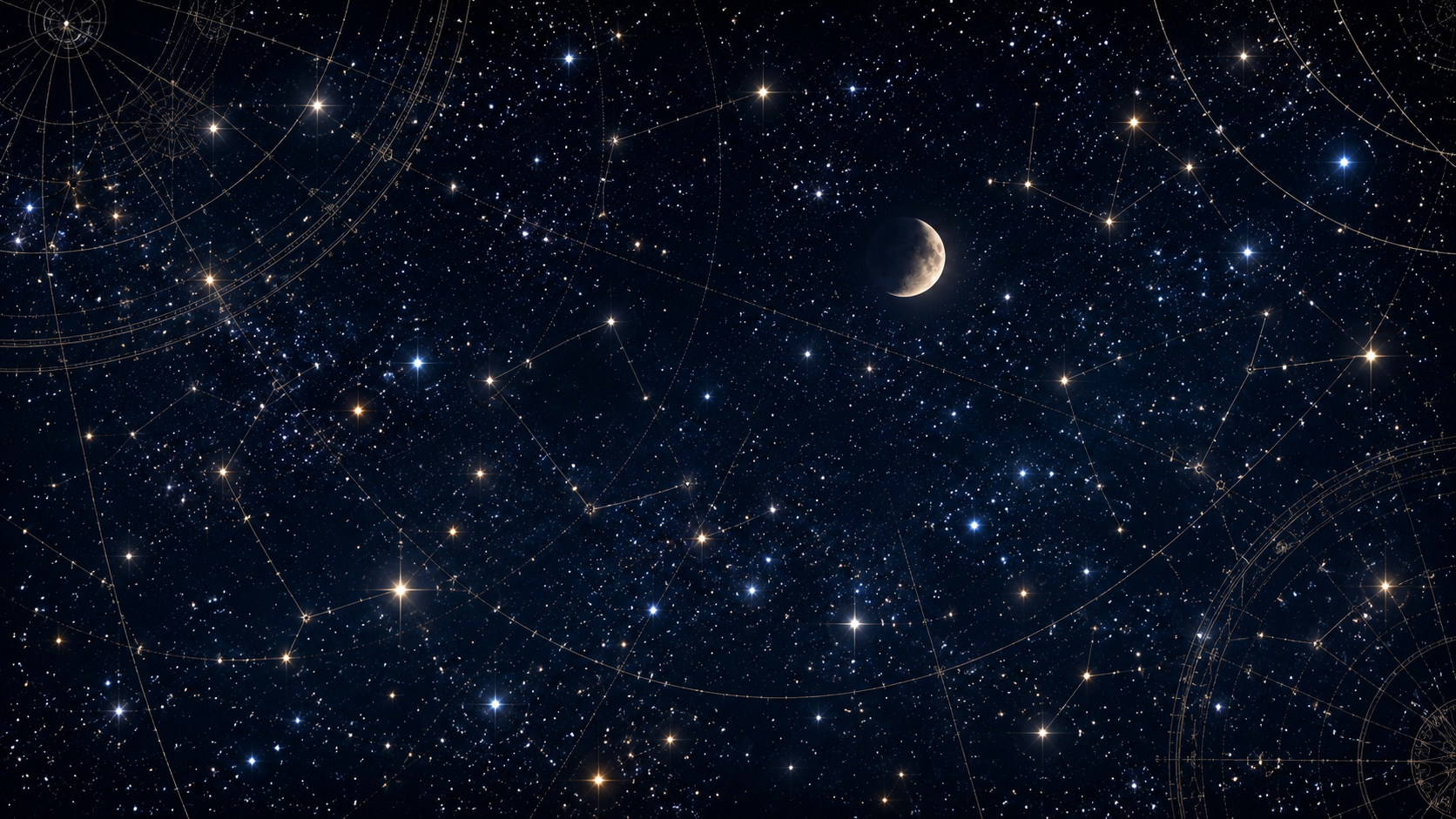 星図がうっすら重なる、月と星が輝く夜空