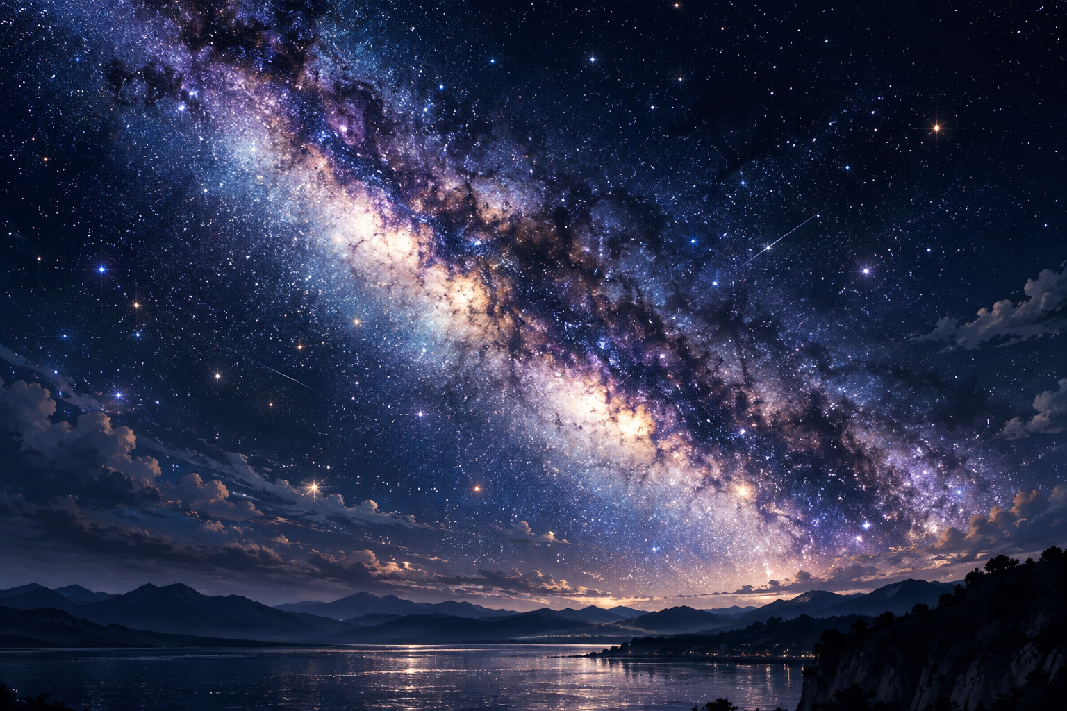 天の川が大きく広がる夜空
